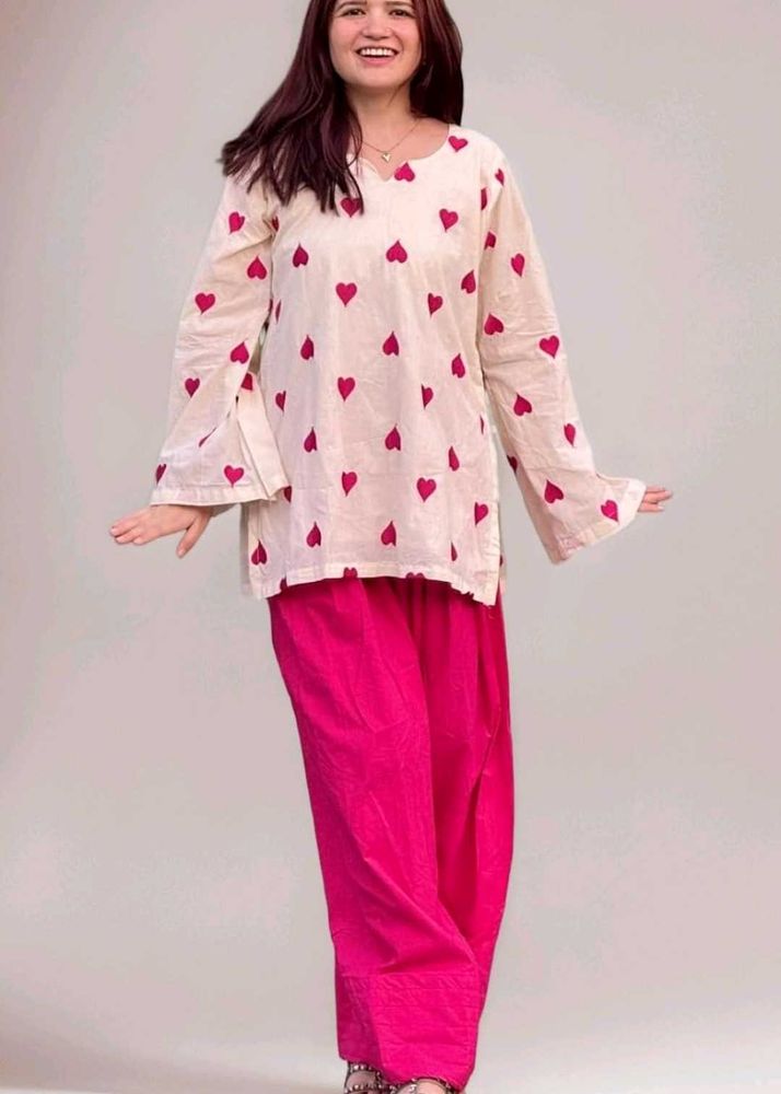 Cream Heart Print Kurta Set