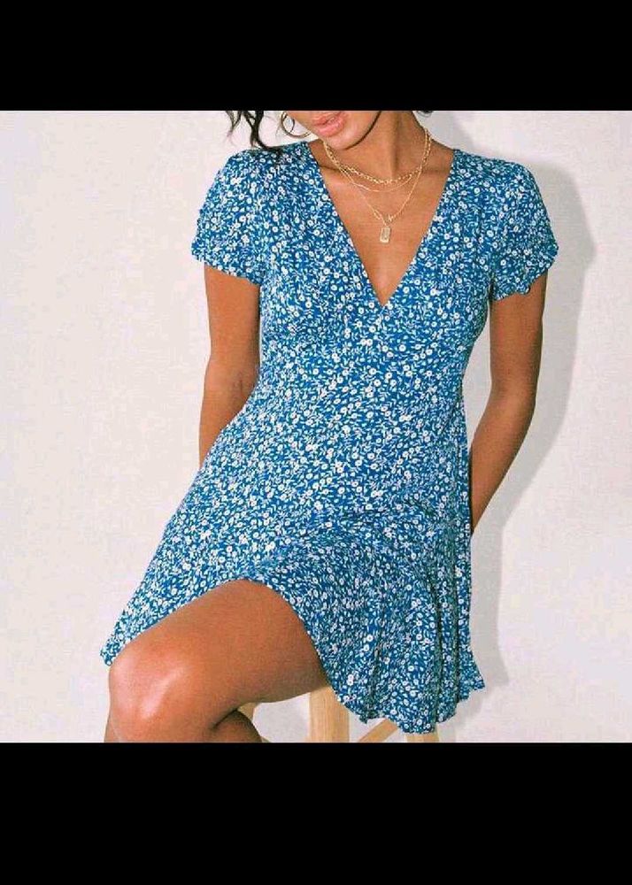 Trendy Blue Ditsy Floral Wrap Mini Dress