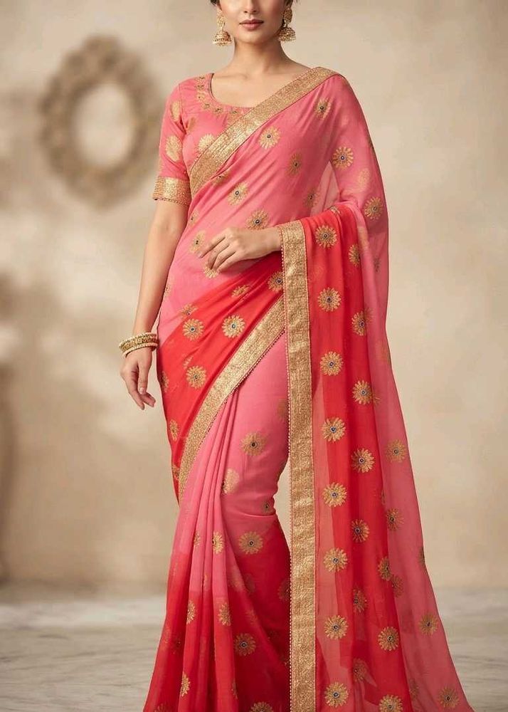 Pink &amp; Red Embroidered Saree with Blouse