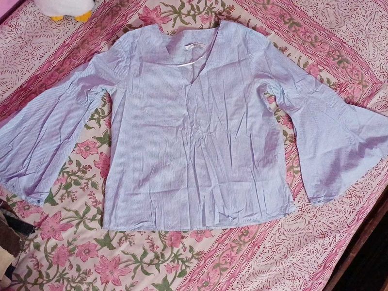Light Blue Striped Bell Sleeve Top