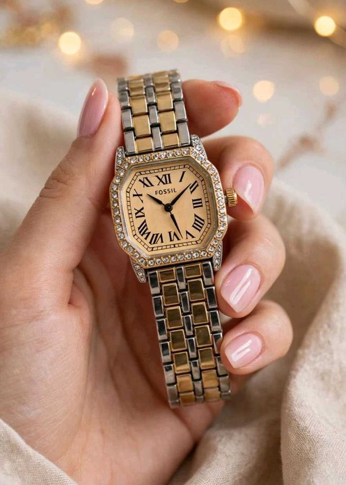 Elegant Fossil Watch - Two-Tone with Crystals