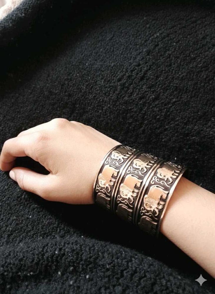 Elephant Design Gold Black Cuff Bracelet