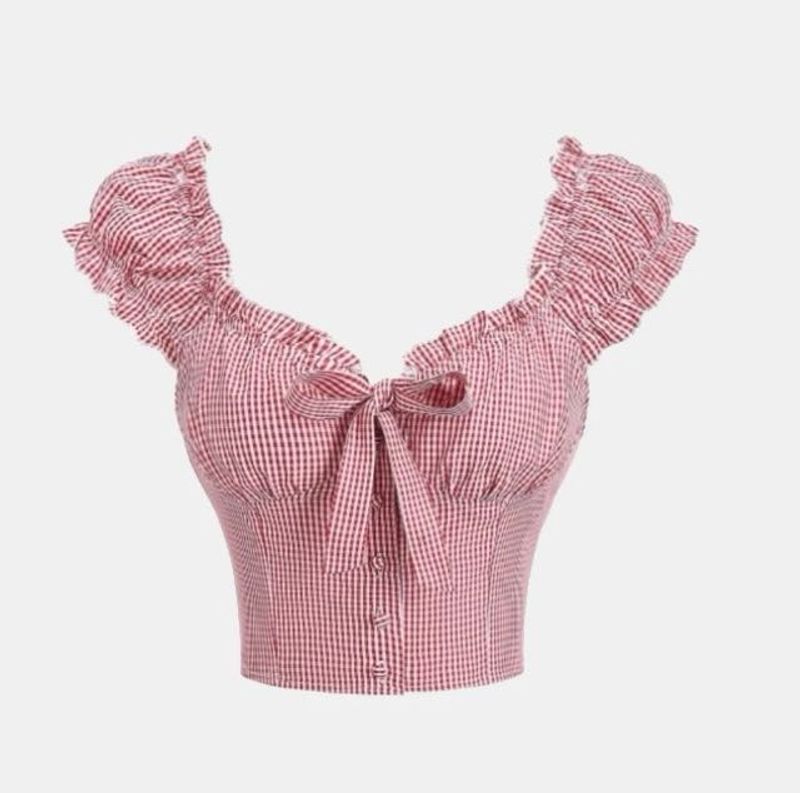 Gingham Print Sweetheart Neck Crop Top
