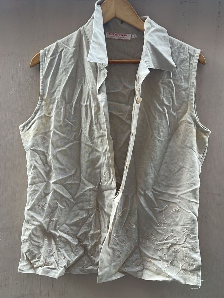 Embroidered Sleeveless Button-Up Shirt