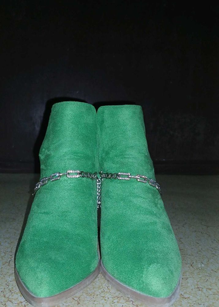 Green Suede Ankle Boots with Chain Detail