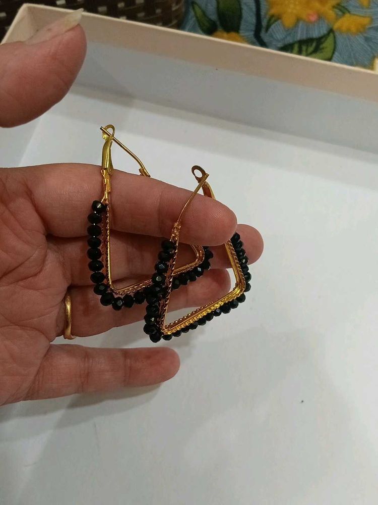 Elegant Black Beaded Square Hoop Earrings