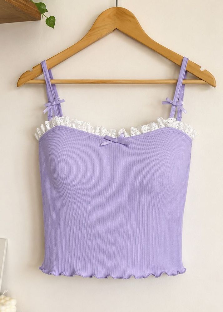 Lavender Ribbed Crop Top with Lace Trim