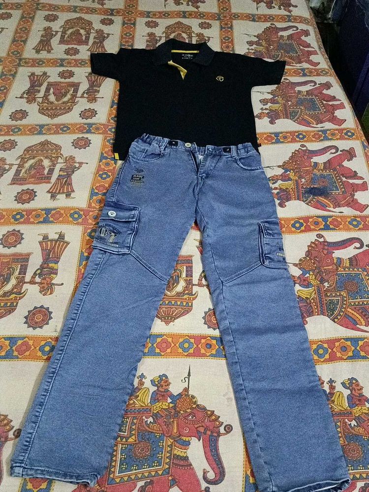 Boys Black Polo Shirt &amp; Blue Jeans