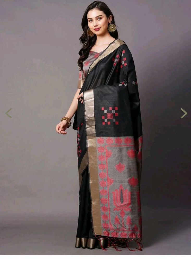 Elegant Black Saree with Red &amp; Grey Motifs