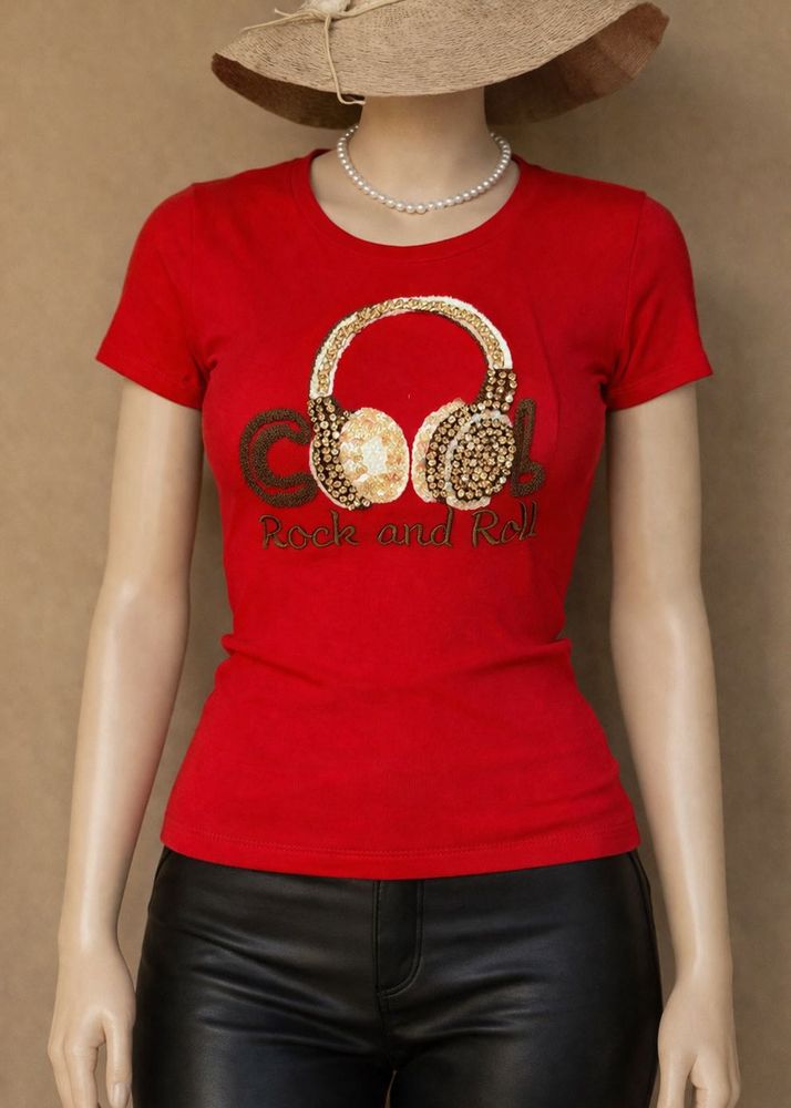 Red T-Shirt with Sequined Headphones♥️✨