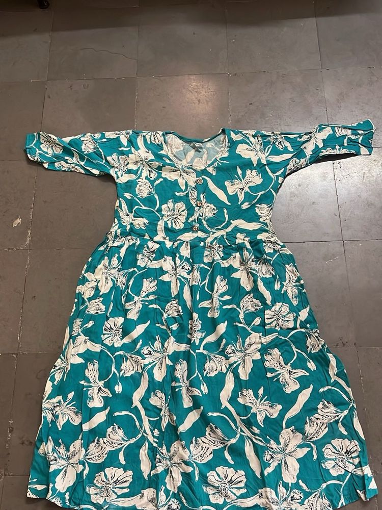 Teal Floral Print Midi Dress