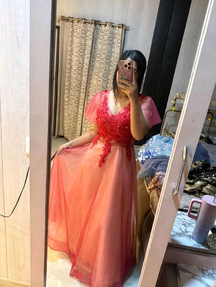 Red Lace Embellished Evening Gown