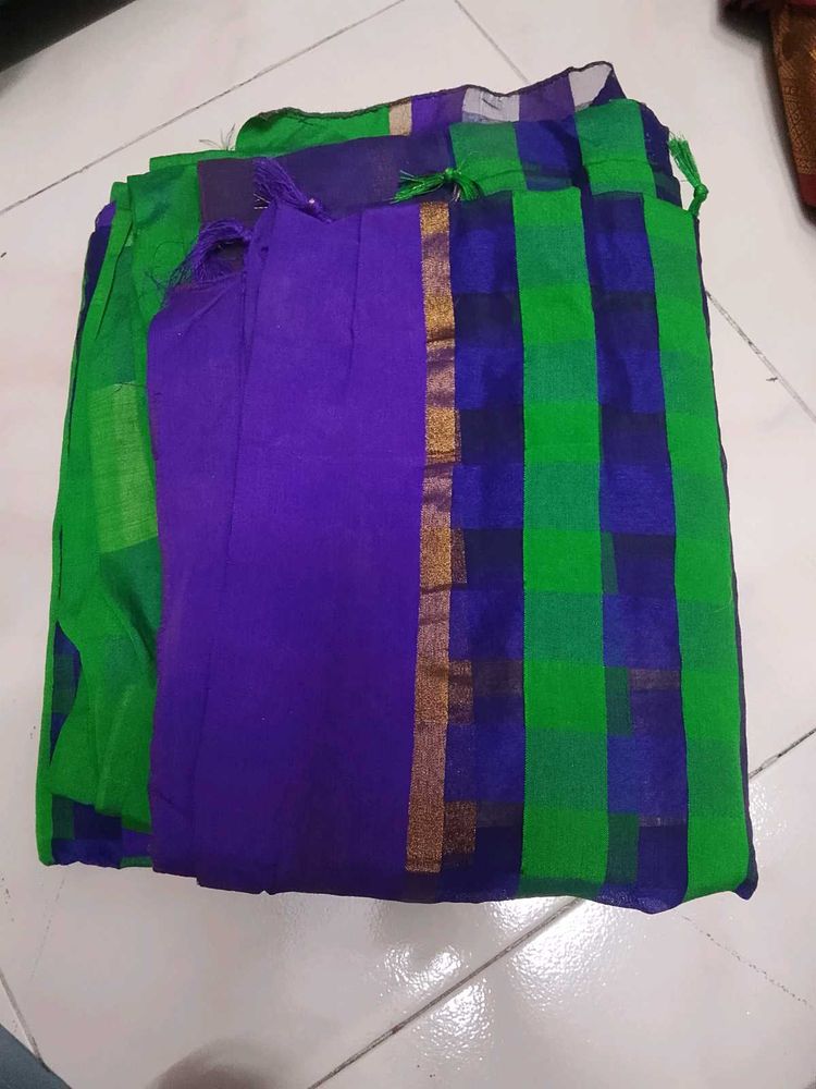 Vibrant Green &amp; Blue Checkered Saree
