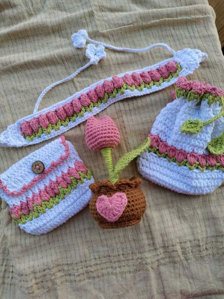 Handmade Crocheted Tulip Hairband &amp; Pouch Set