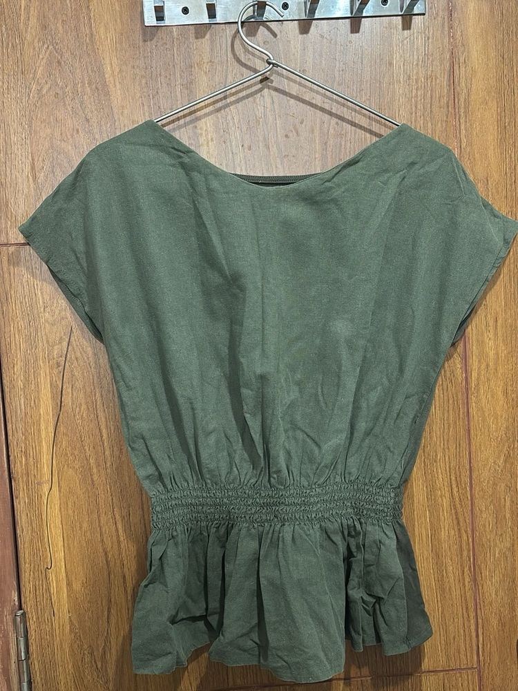 Olive Green Smocked Peplum Top
