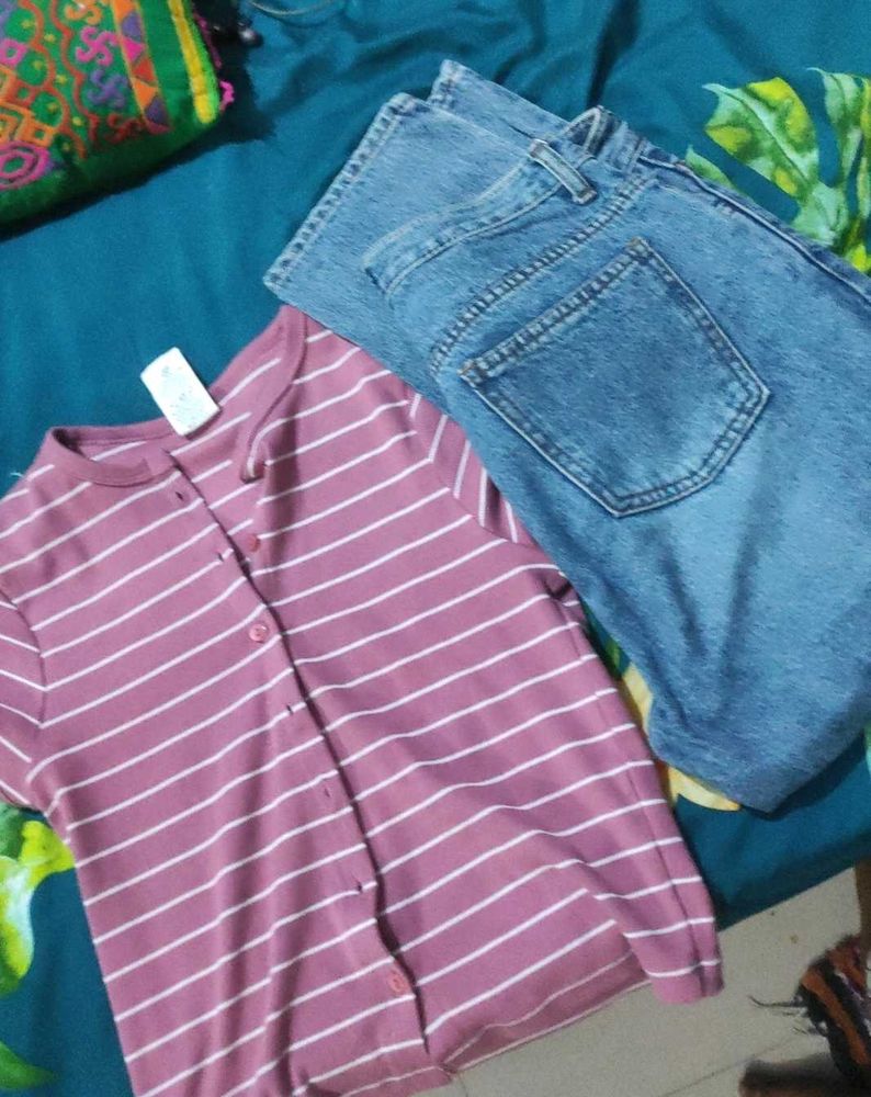 Striped Button-Up Top &amp; Jeans Set