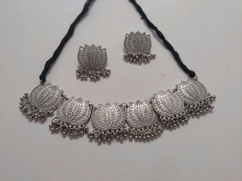 Oxidized Silver Lotus Necklace &amp; Earrings Set
