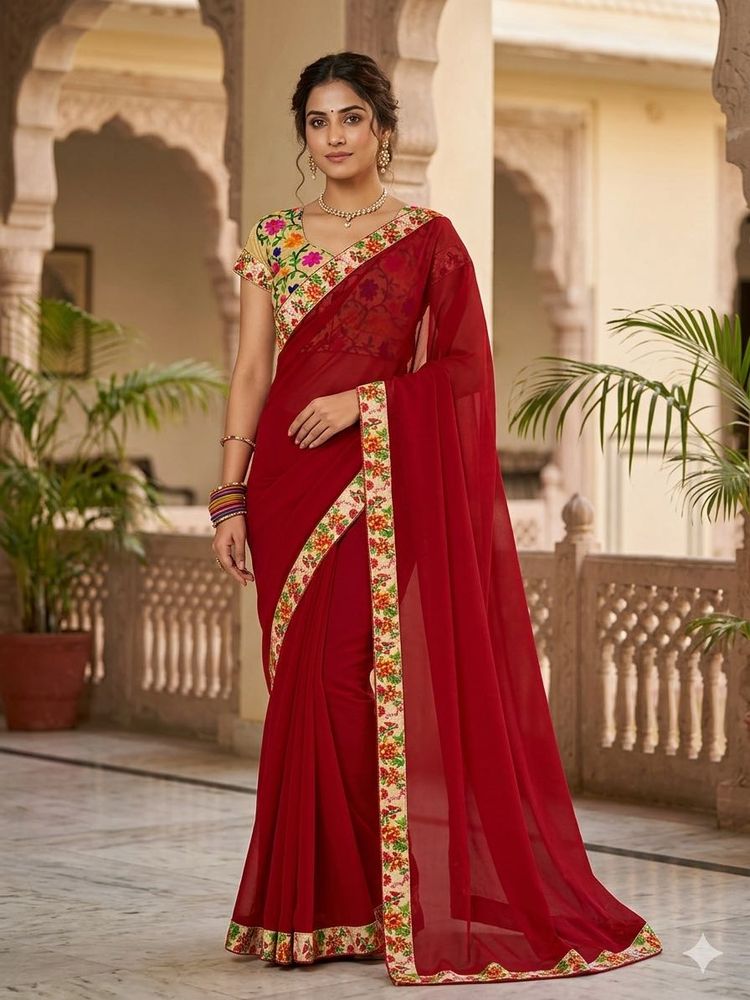 Elegant Red Saree with Stitched Blouse