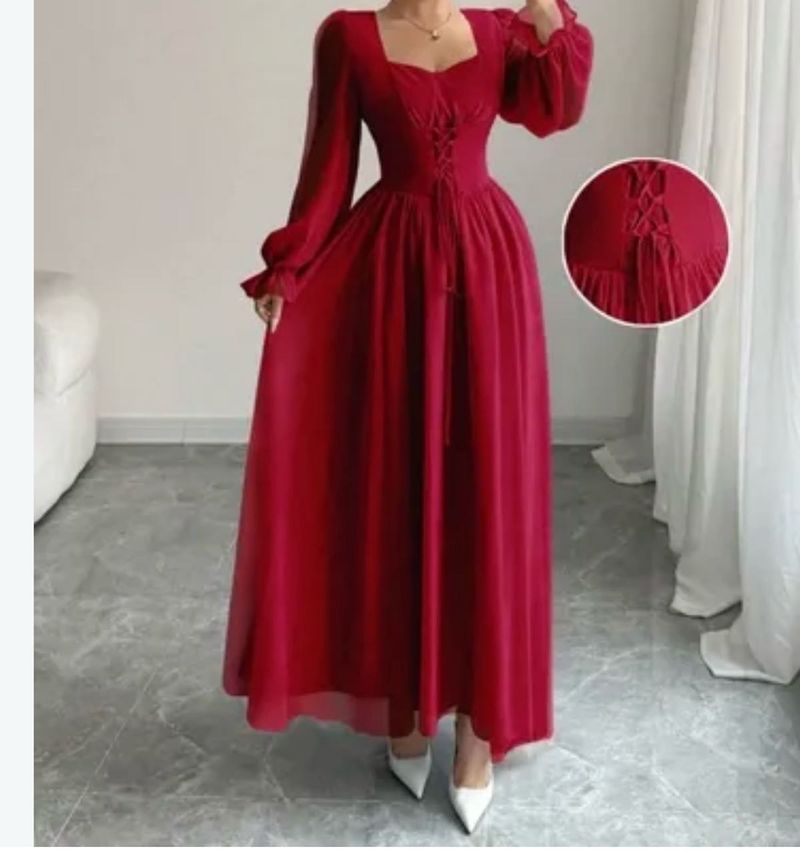 Chic Red Lace-Up Midi Dress