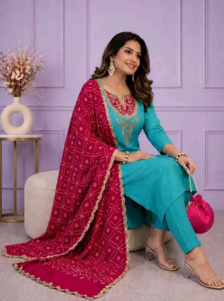Women Orange Kurta with Blue Dupatta