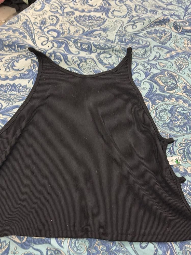 Black Ribbed Tank Top with Cutouts
