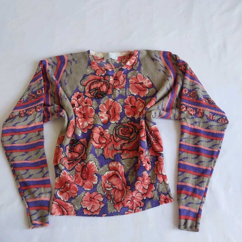 Vintage Floral Print Knit Sweater with sequins ✨️
