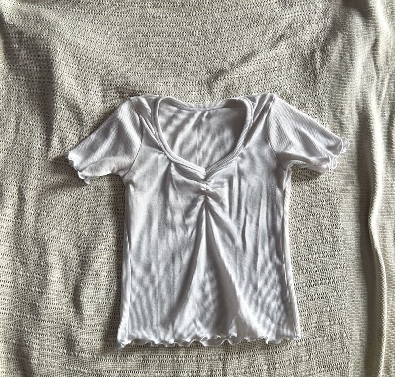 White Ribbed Ruched V-Neck Top