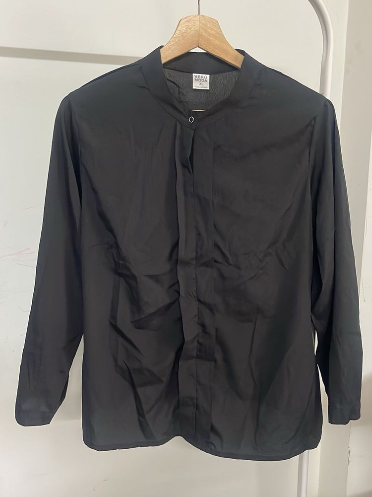 Chic Black Band Collar Blouse