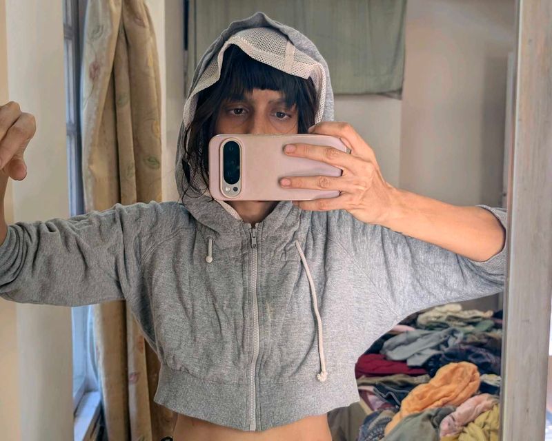 Gray Cropped Zip-Up Hoodie