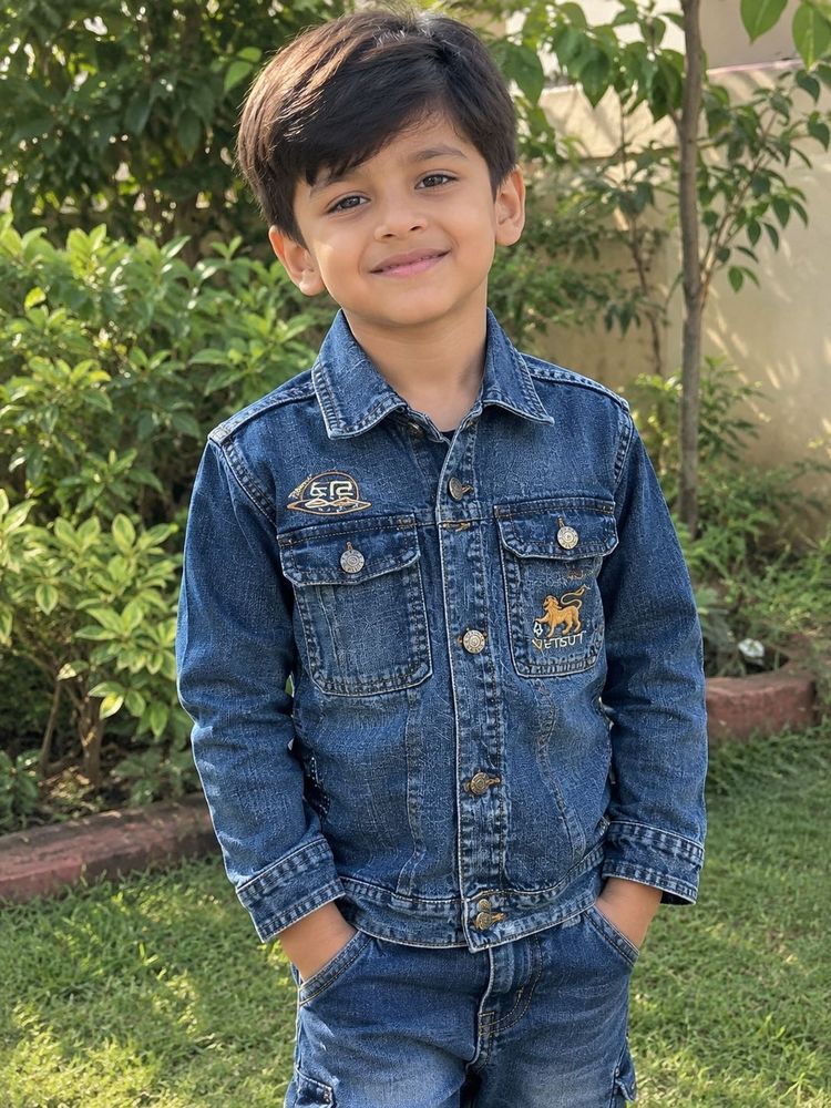 Vintage Kids Blue Denim Jacket with Graphic Chest