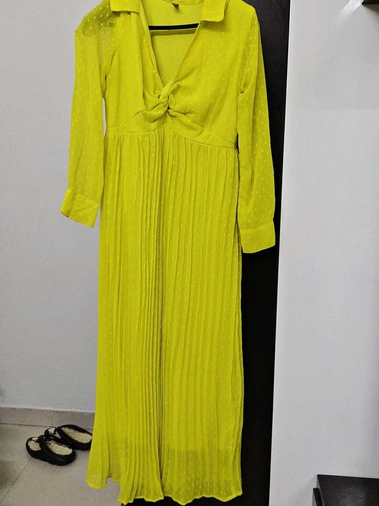 Bright Yellow Embroidered fit and flared dress