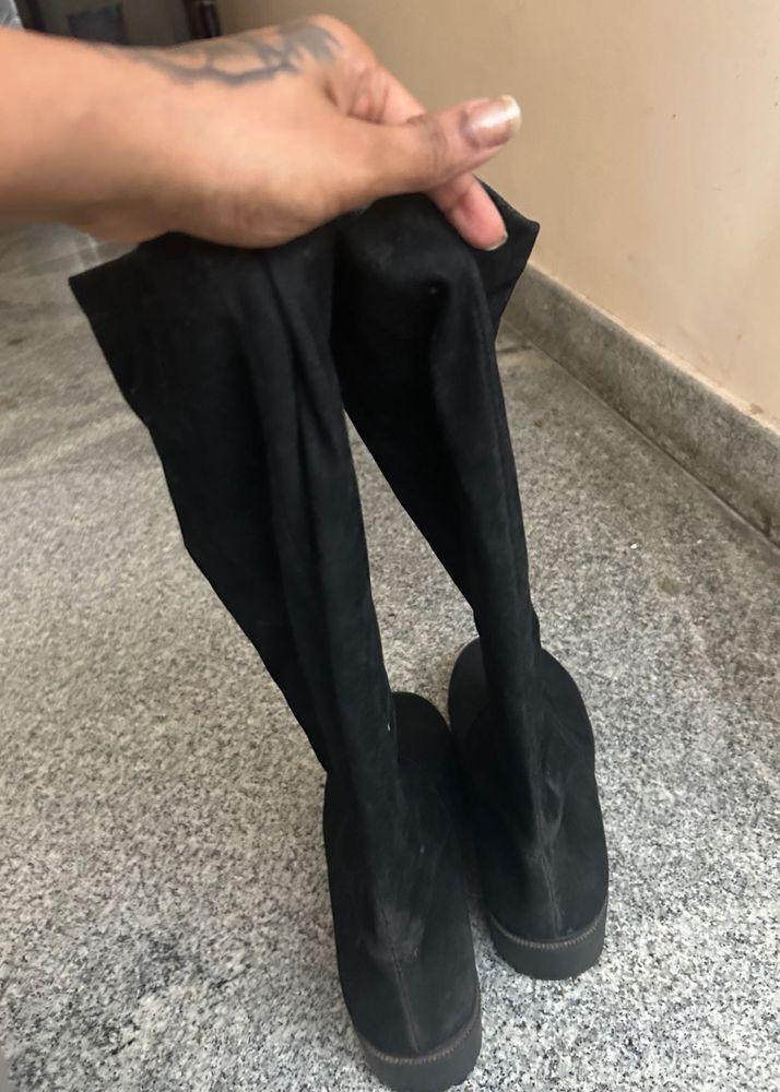 Black Suede Knee-High Boots