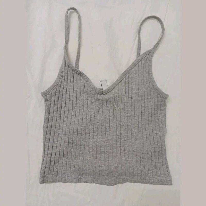 Grey Ribbed Spaghetti Strap Crop Top