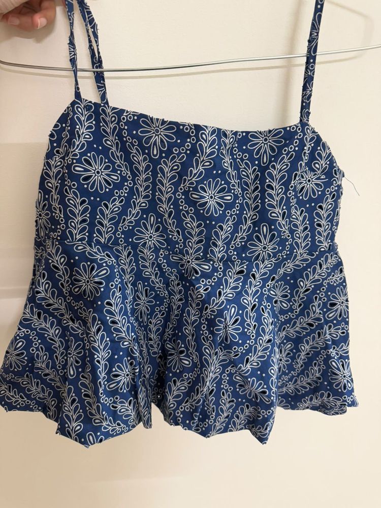 Blue Floral Print Peplum Top