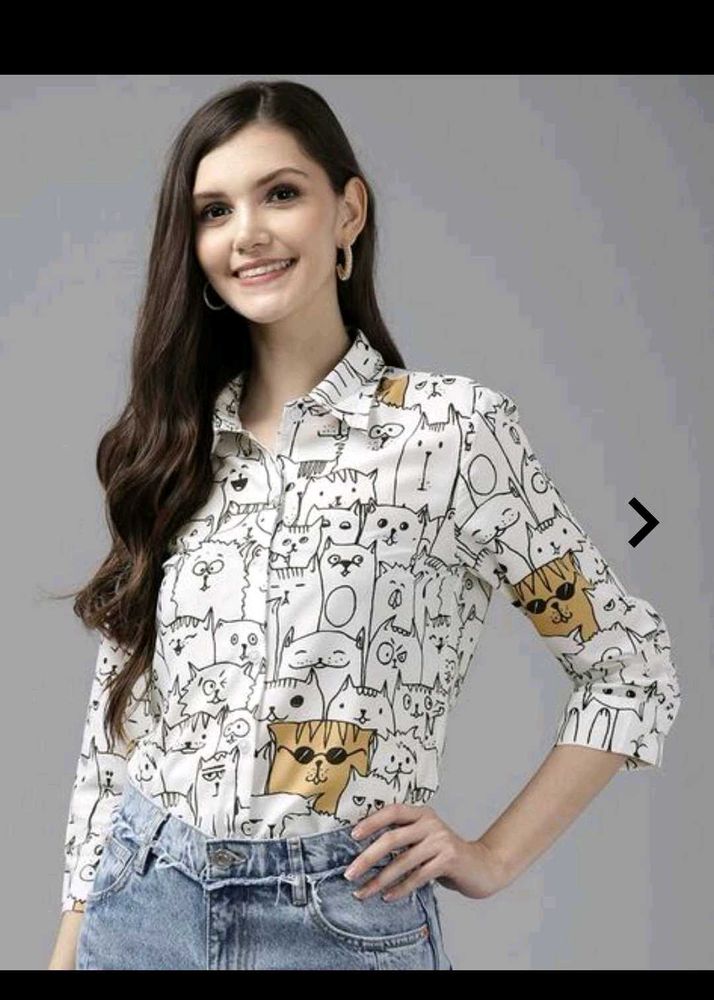 Cute Cat Print Button-Up Shirt