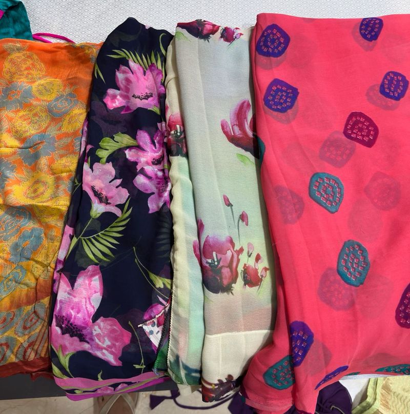 Vibrant Floral Print Sarees (Set of 4)