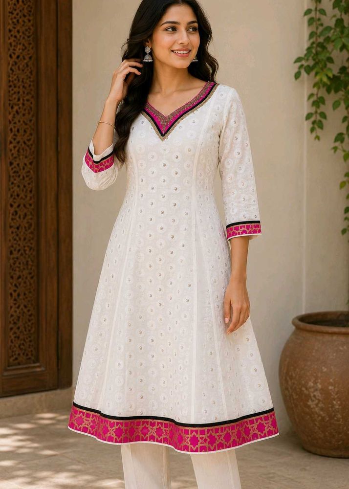 Elegant White Kurta Set with Pink Border