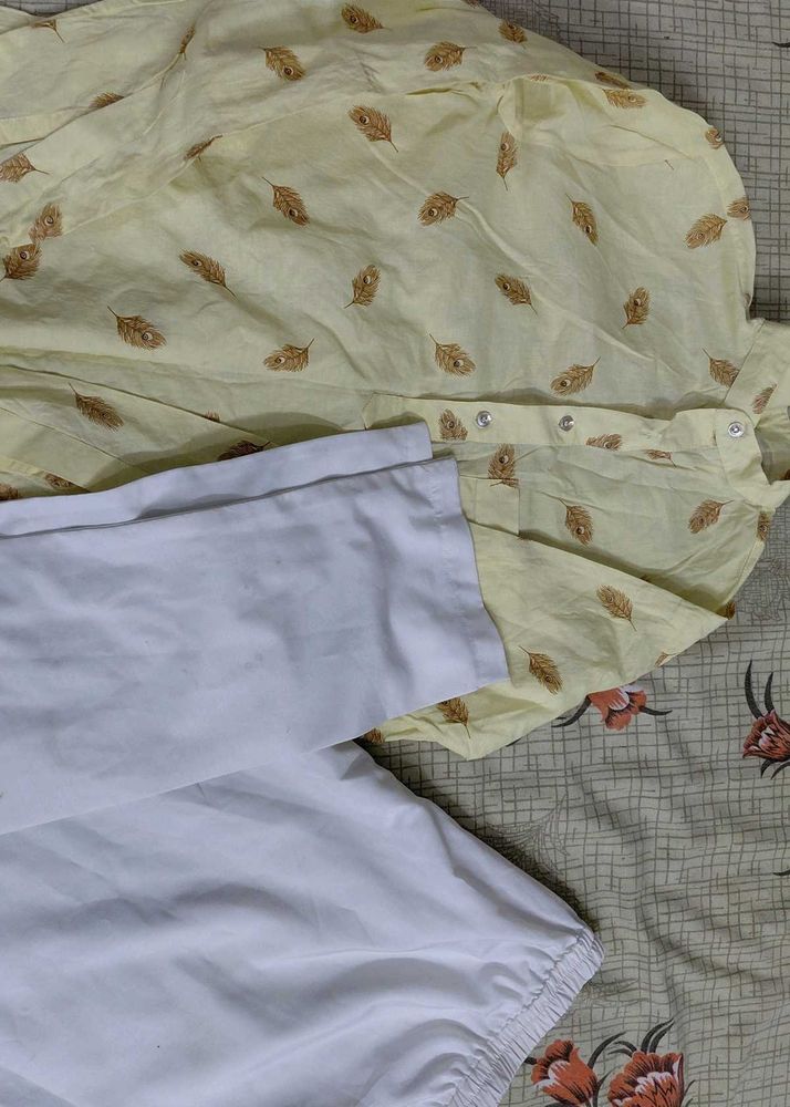 Yellow Printed Kurta with White Pants