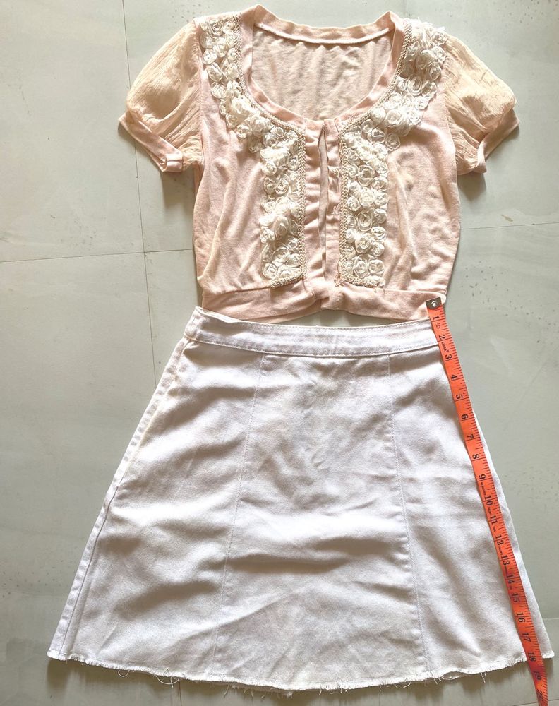 Light Pink Cropped Cardigan Top &amp; Skirt