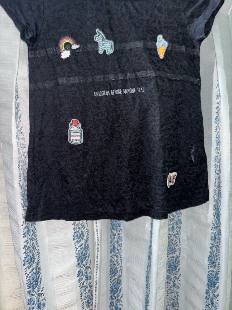 Cute Black T-Shirt with Patches