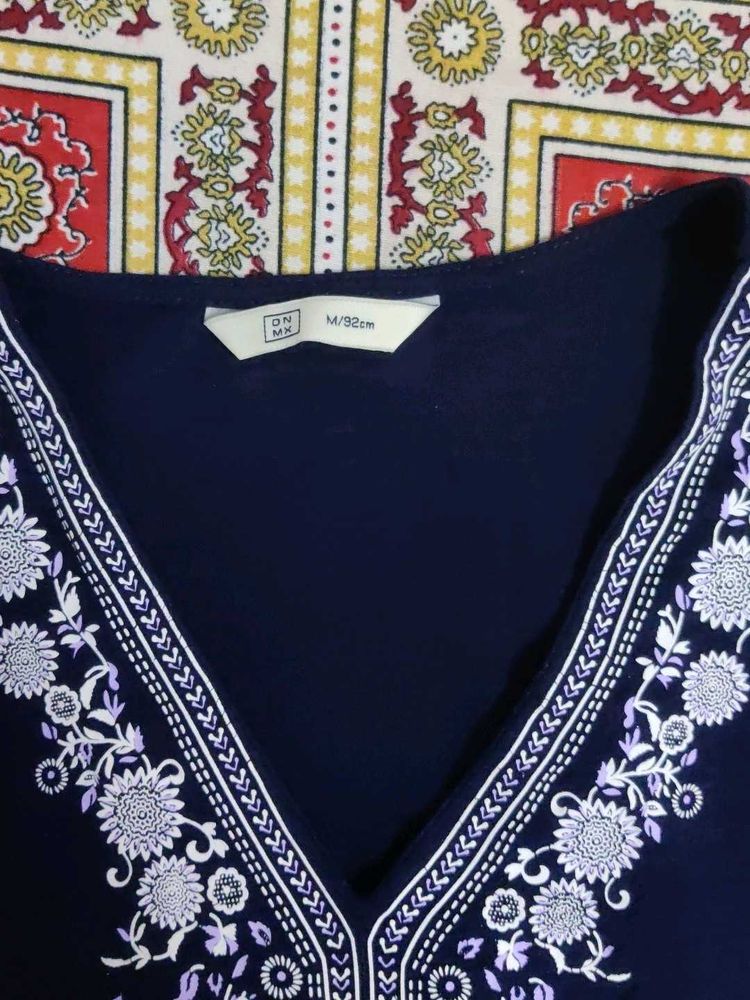 Embroidered Navy Blue Kurta Top