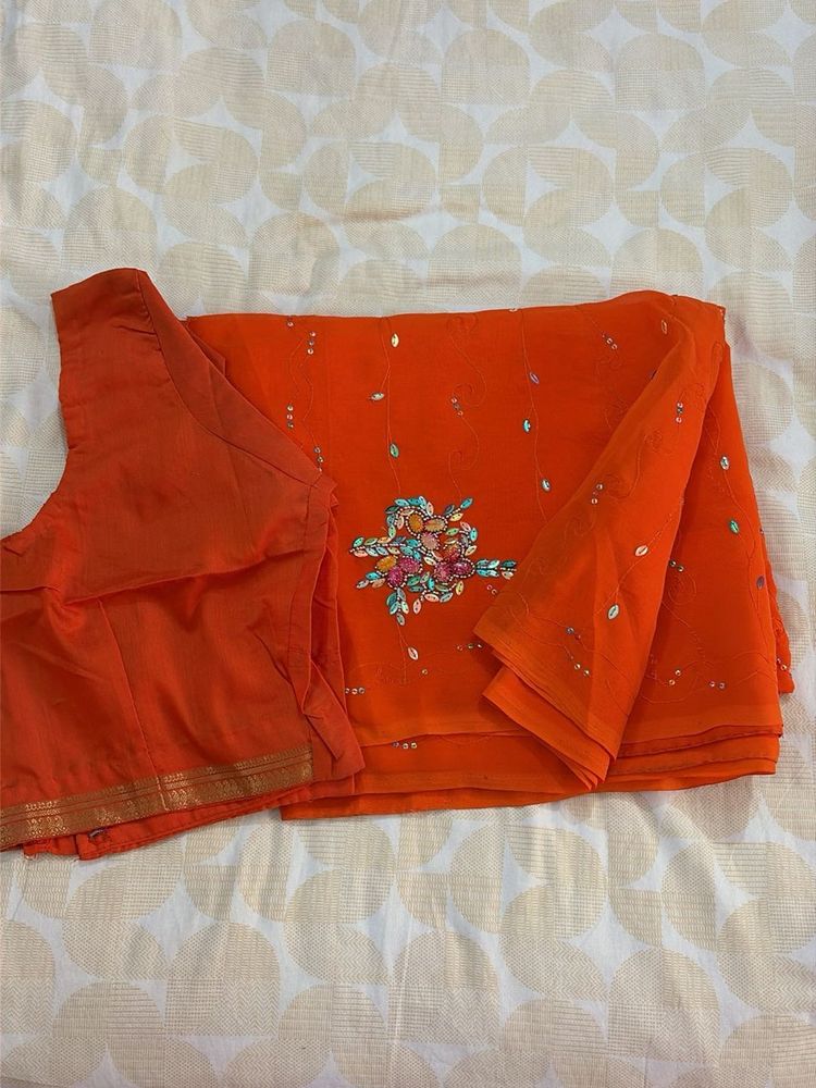 Vibrant Orange Embroidered Saree with Blouse