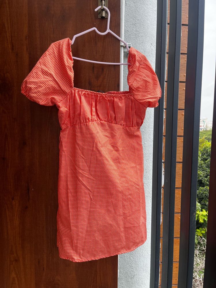 Orange Gingham Puff Sleeve Dress