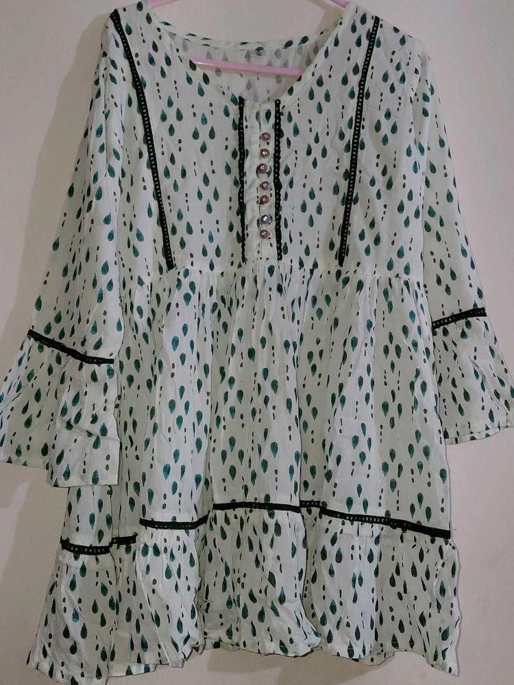 Elegant White ethenic dress with Green Drops Print