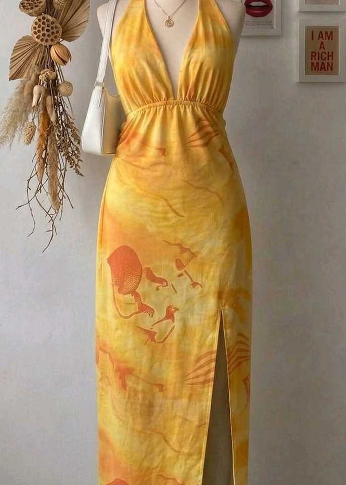 Yellow Halter Neck Maxi Dress with Print
