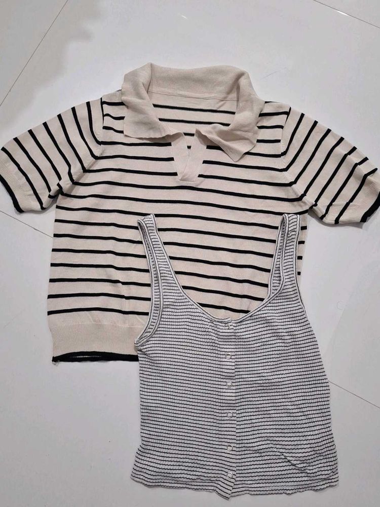 Striped Polo Knit Top &amp; Tank Set