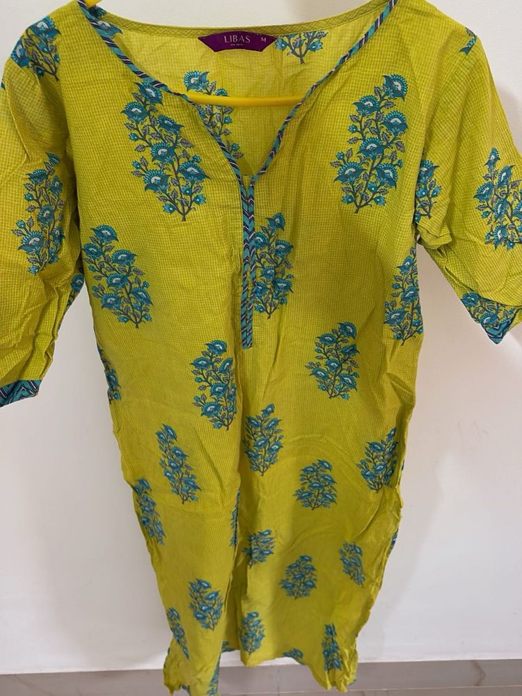 Vibrant Yellow Kurta with Blue Floral Print