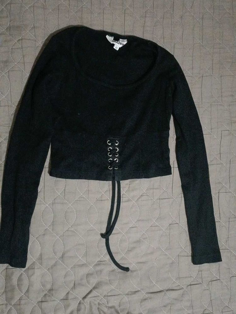 Y2K Black Grommet Tie Long Sleeve Top Size - XS /S