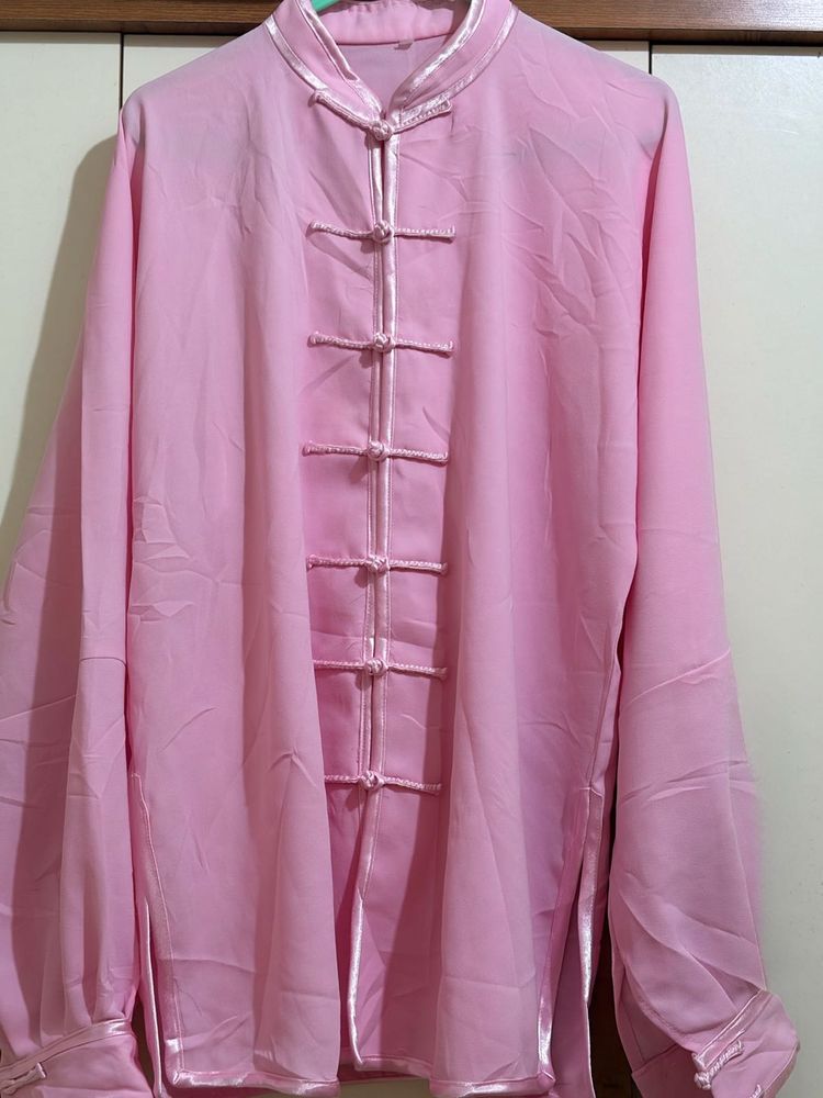 Pink Mandarin Collar Frog Button Shirt
