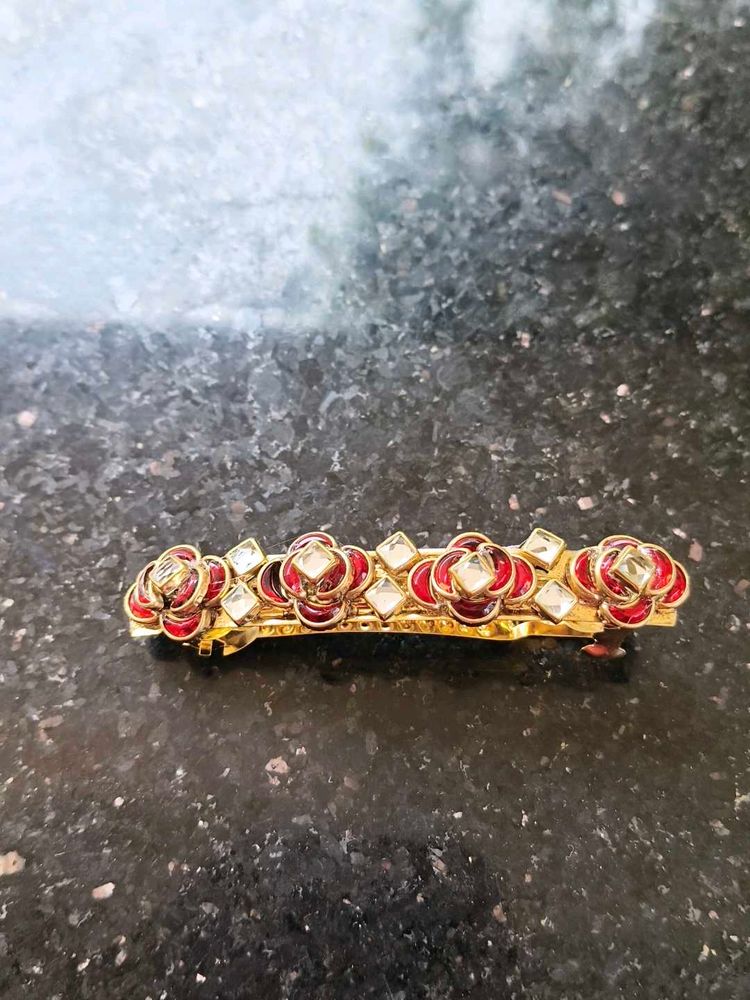 Elegant Red Flower kundan Hair Clip